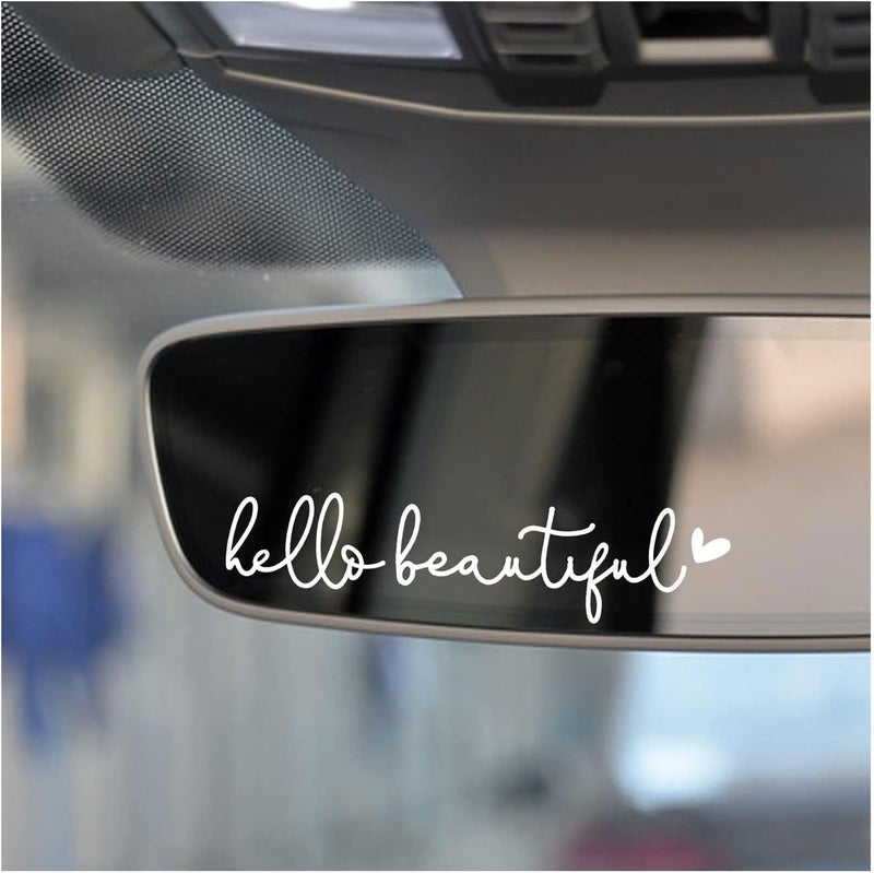 OFlyDesigns 2 x Hello Beautiful Car Mirror Decal, Affirmation Sticker, Rearview Mirror Decal, Tumbler Sticker, Water Bottle Stickers, Vinyl Tumbler Decal, New Car Decor, 4 inches (White, Hello Beautiful) - Image 2